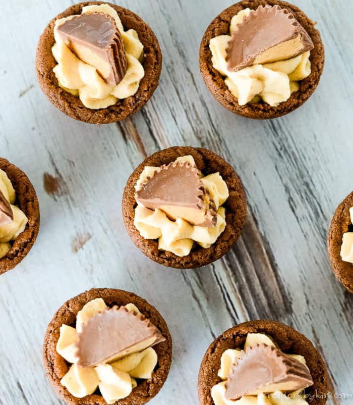 overhead shot of chocolate cookie cups filled with peanut butter mousse