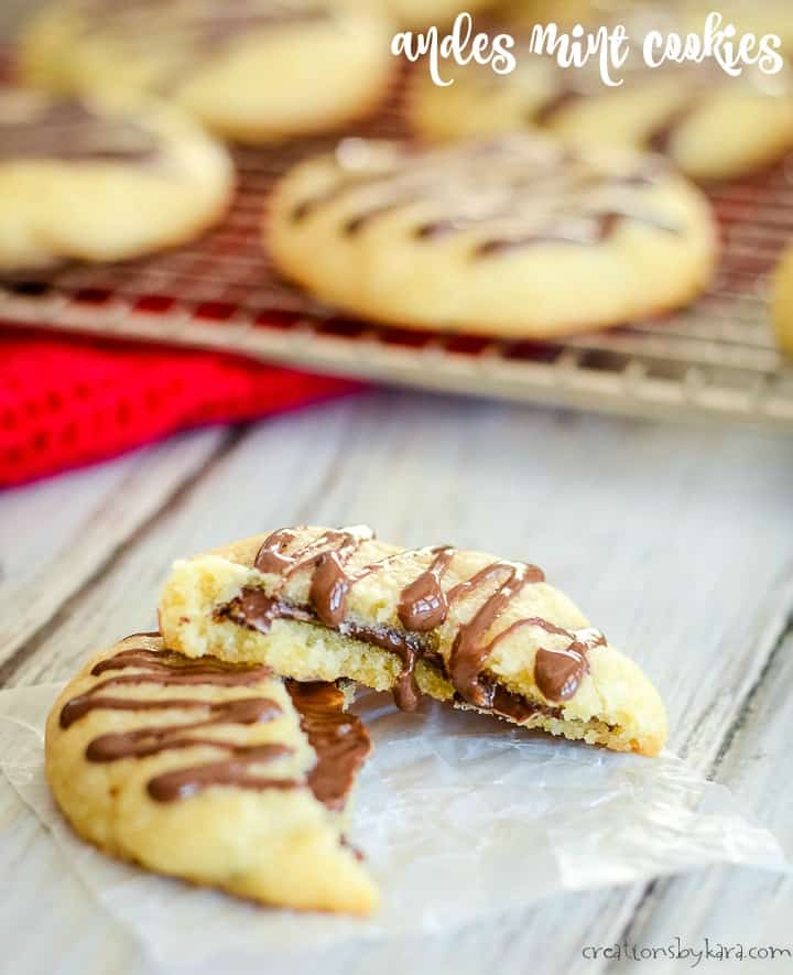 With a chocolate mint hidden inside, and chocolate mint drizzled on top, these Andes Mint Cookies are seriously amazing! Not only do they look pretty, they will make your taste buds very happy. #andesmintcookies #andesmints #mintchocolatecookies #chocolatemint #mintcookies -from Creations by Kara recipe for andes mint cookies drizzled with melted chocolate