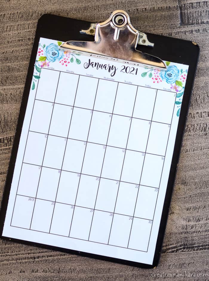 free printable 2021 calendar on a clipboard