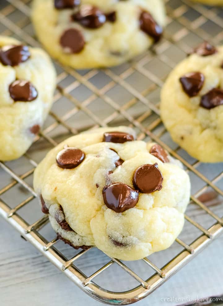 chocolate chip cheesecake cookies on a wire rack