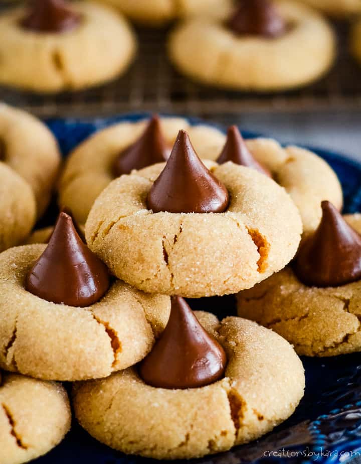 peanut butter hershey kiss cookies on a plate
