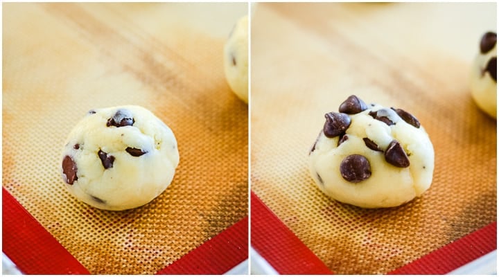 balls of chocolate chip cookie dough on a baking sheet