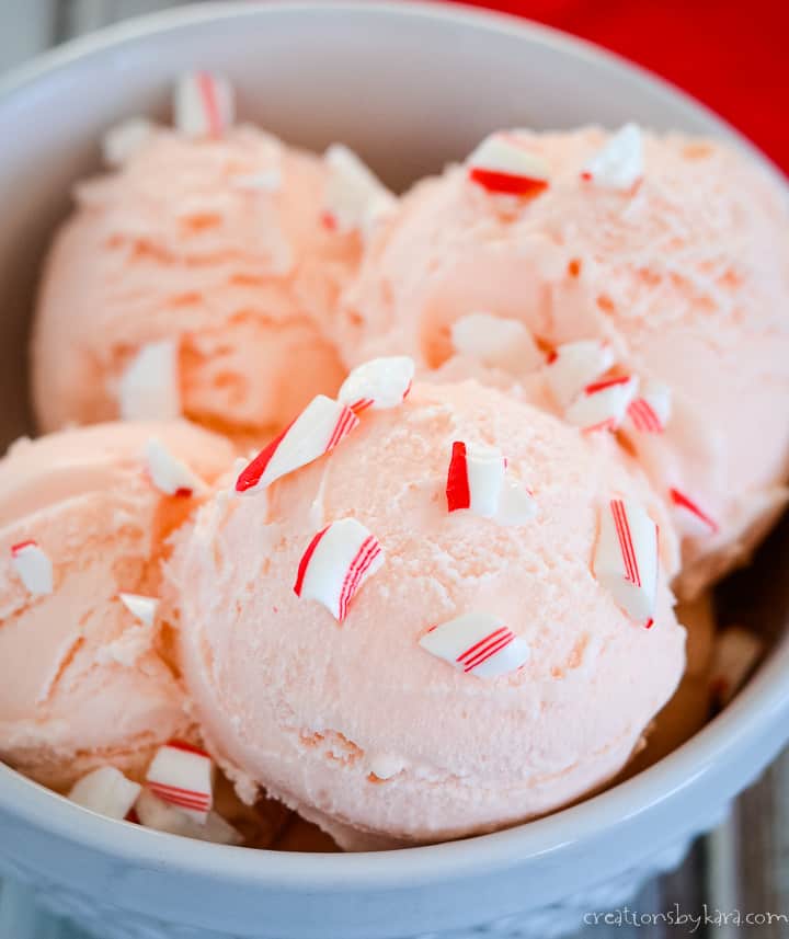 bowl of peppermint stick ice cream with crushed candy canes
