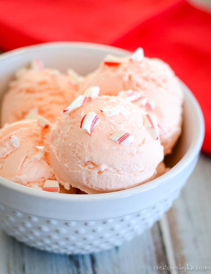 bowl of homemade peppermint stick ice cream with candy canes
