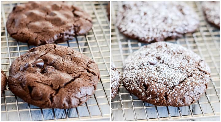 chocolate cookies on cooling racks, one sprinkled with powdered sugar