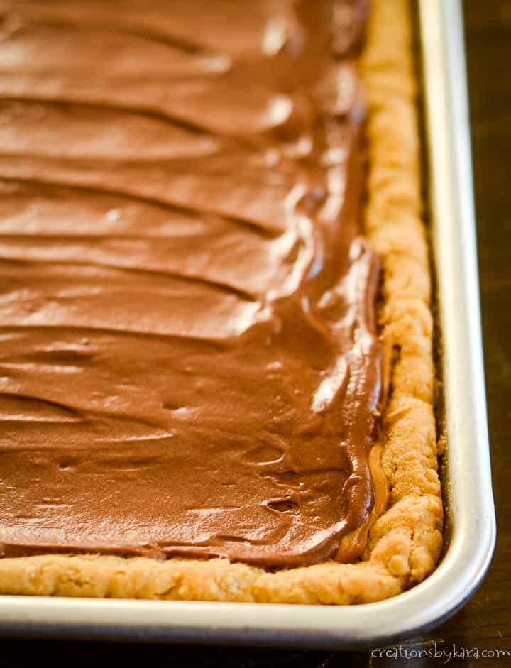 pan of peanut butter bars with chocolate frosting