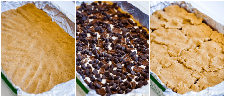 instruction photos for s'mores bars with marshmallow cream and chocolate
