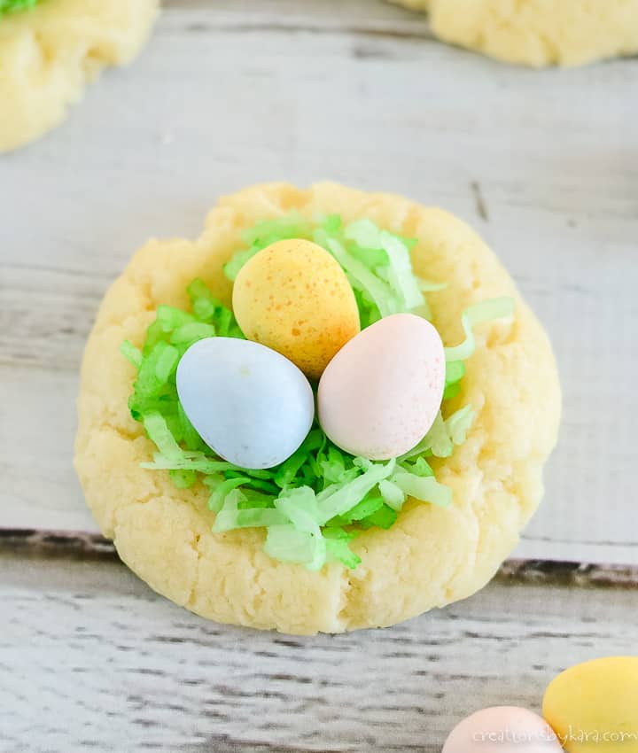 overhead shot of easter nest cookie with coconut and egg shaped candies