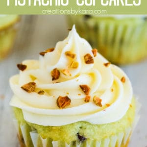 pistachio cupcake with cream cheese frosting and chopped pisachios
