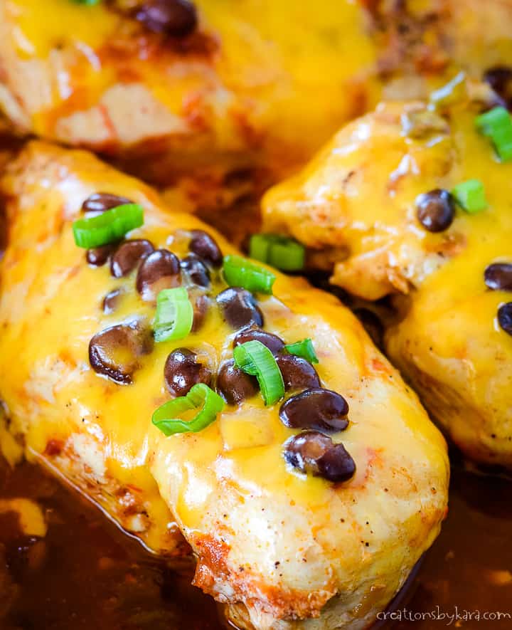 black bean chicken and salsa covered with melted cheese and green onions