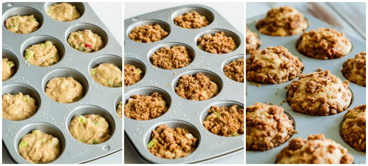 batter in muffin pans, crumb topping, and baked muffins collage