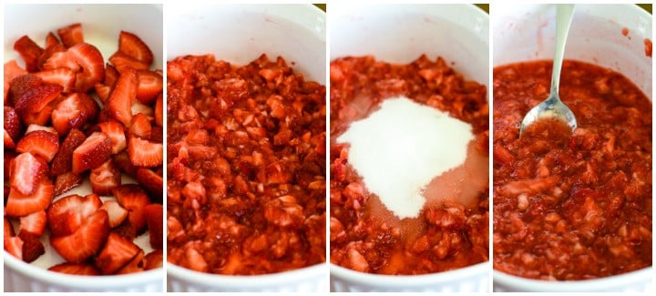 prepping berries for homemade strawberry ice cream