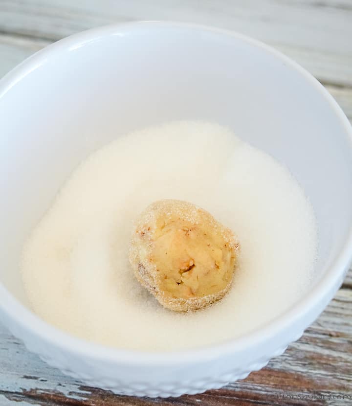 pecan sandies dough ball in a bowl of sugar