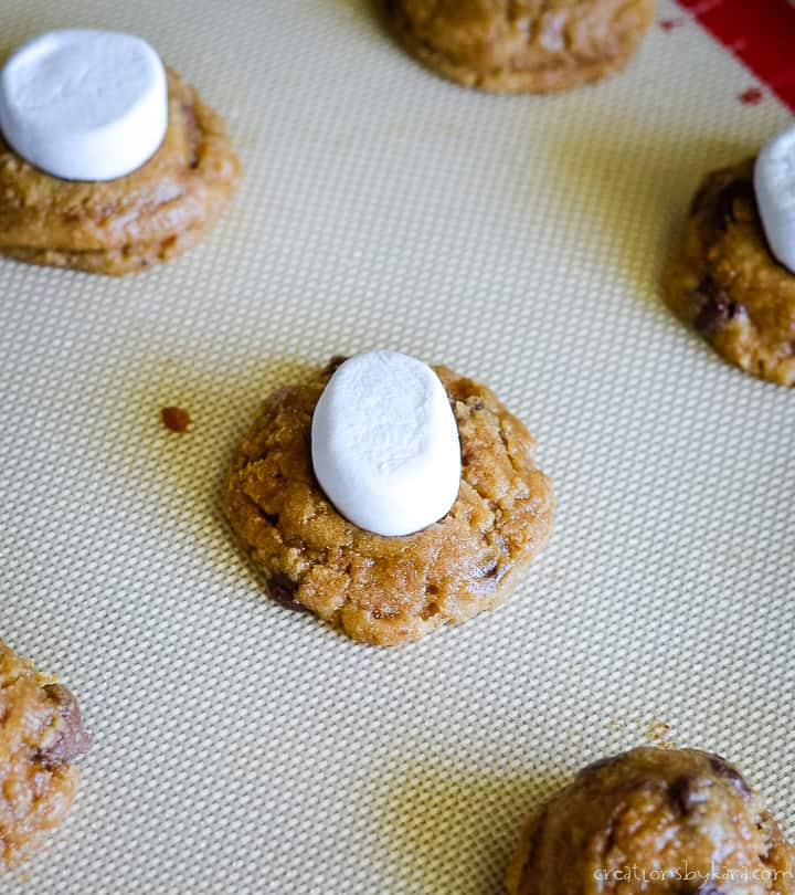 smores cookie recipe - adding a marshmallow to the top of a s'more cookie