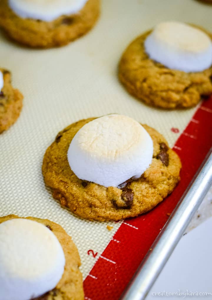 toasted marshmallows on top of s'mores chocolate chip cookies