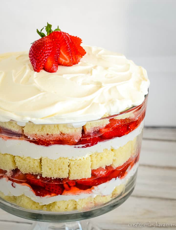 close up of strawberry trifle in a trifle bowl
