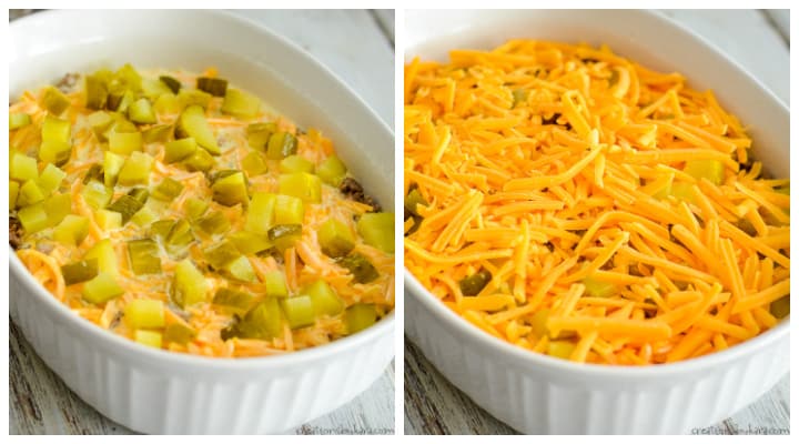 pickles and cheese on low carb cheeseburger casserole