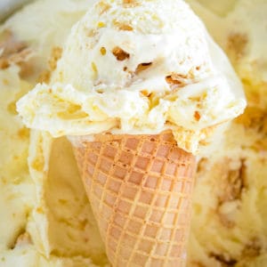 close up of ice cream cone with cream cheese ice cream