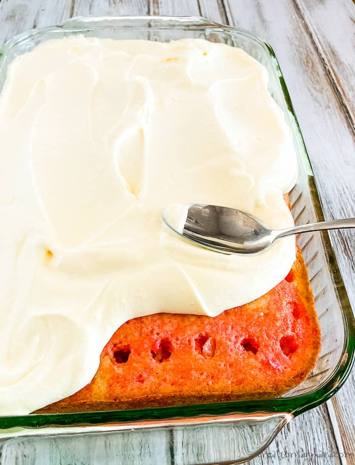 Strawberry Jello Poke Cake (w/ Pudding Frosting) Creations by Kara