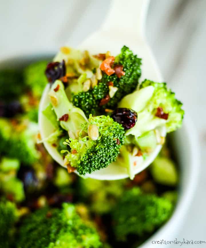 spoonful of cold broccoli salad over a bowl of salad