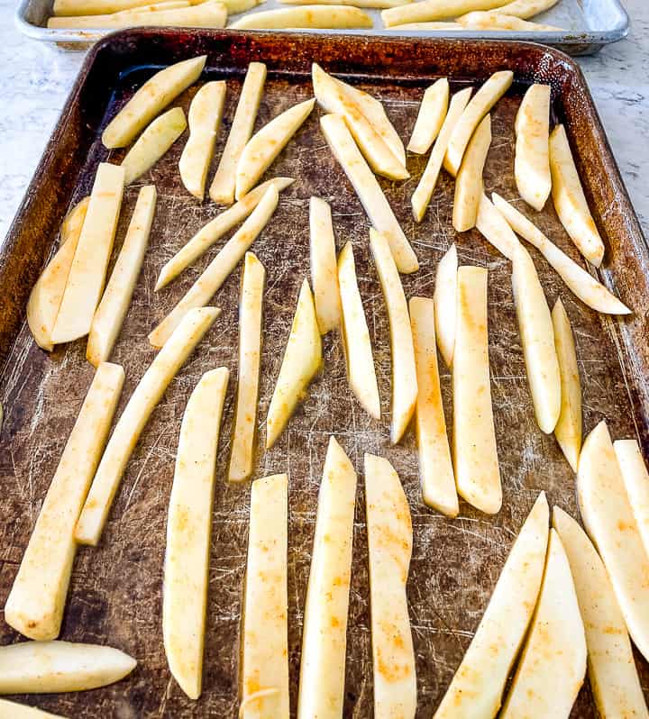 pan of uncooked french fries