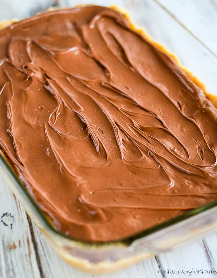 pan of peanut butter dough spread with nutella