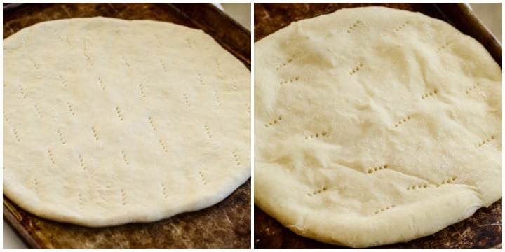 homemade pizza crust on a baking sheet