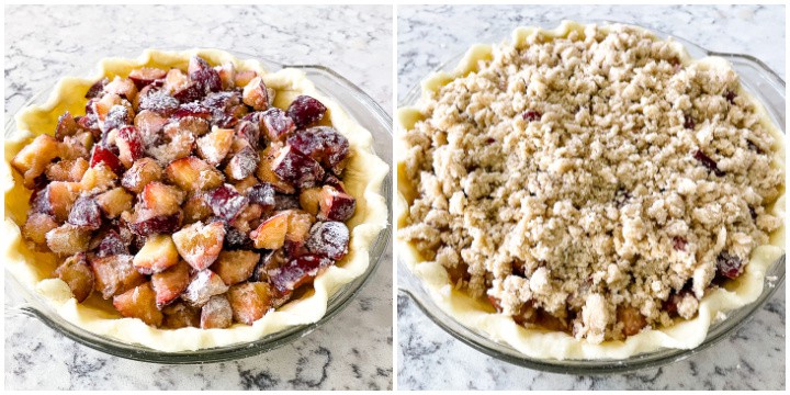 purple pie with plums and crumble