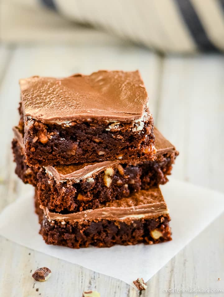stack of chocolate brownies with andes mints
