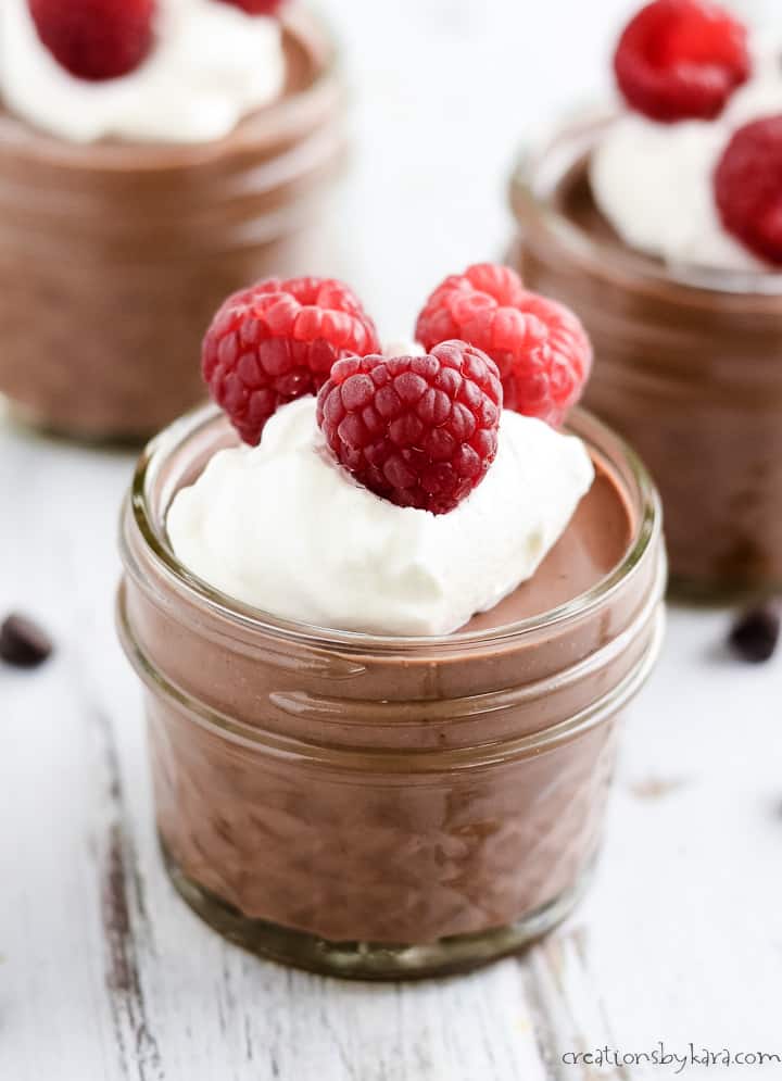 blender chocolate mousse with whipped cream and raspberries