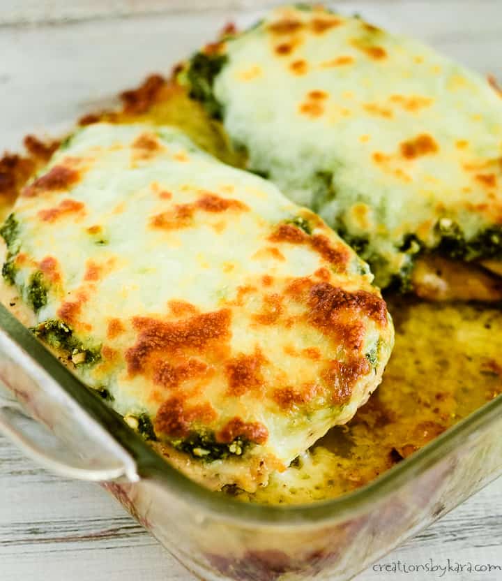 baked pesto chicken breast topped with mozzarella cheese