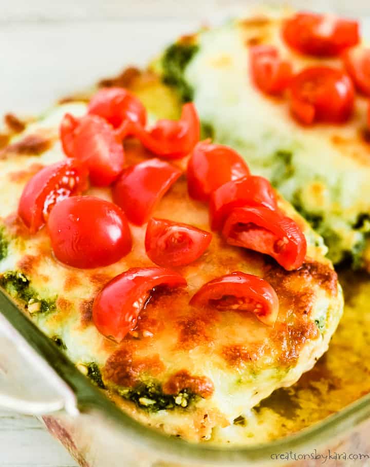 basil pesto chicken with cheese and tomatoes