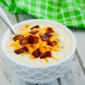 bowl of bacon corn chowder with a spoon