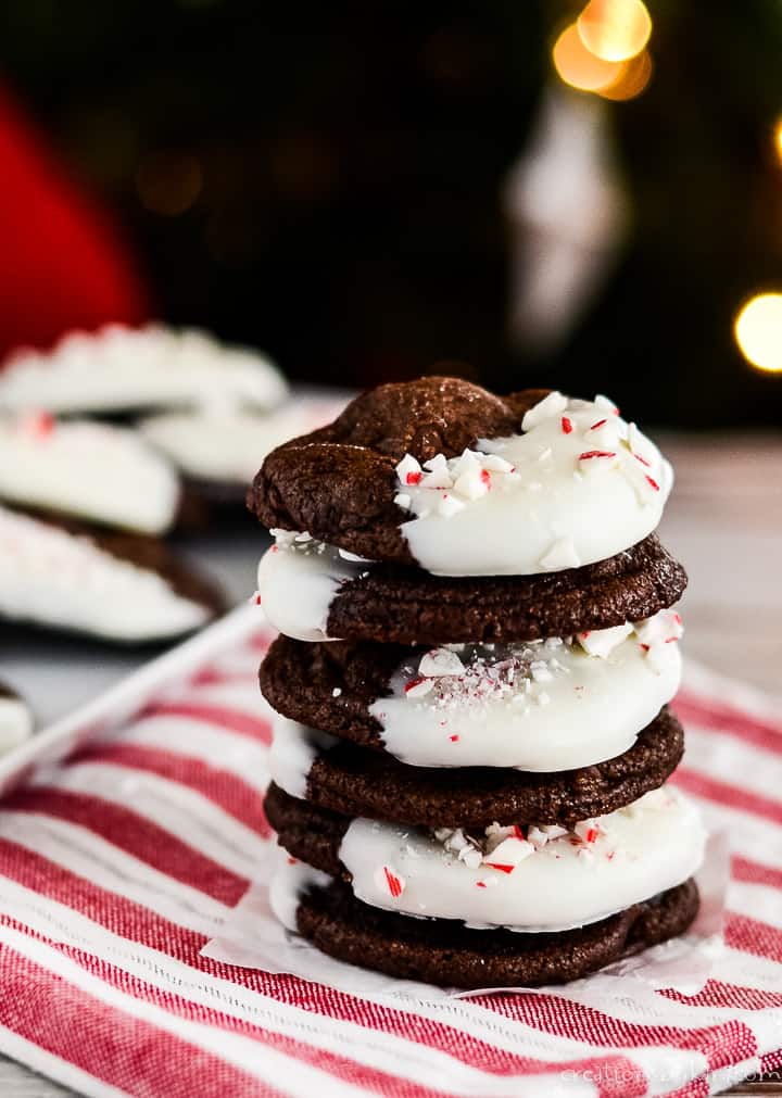 dipped chocolate peppermint cookies on a striped dish towel with a Christmas tree in the background