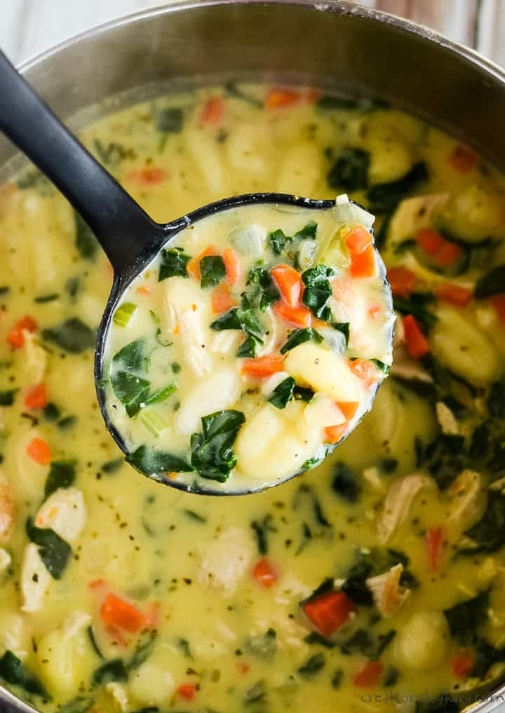 This homemade CHICKEN GNOCCHI SOUP is made in one pot, hearty, and absolutely comforting. A yummy copycat Olive Garden soup recipe that you will love! #chickengnocchisoup #copycatrecipe #olivegardensoup #gnocchisoup -from Creations by Kara pot of chicken gnocci soup