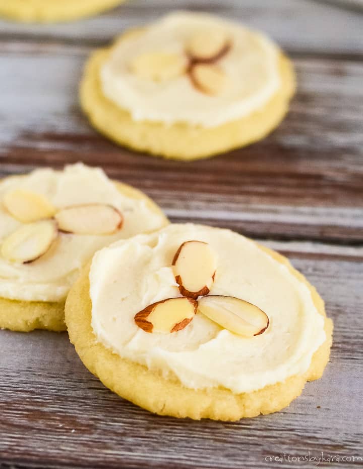 soft almond sugar cookies decorated with sliced almonds