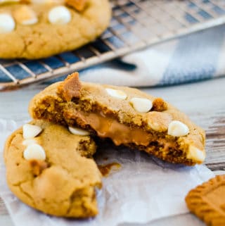 cookie butter stuffed biscoff cookie with white chocolate chips