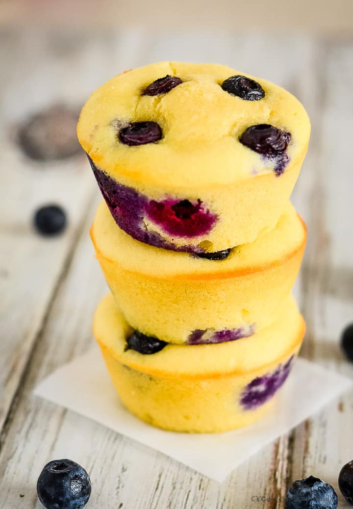 stack of low carb blueberry muffins on waxed paper