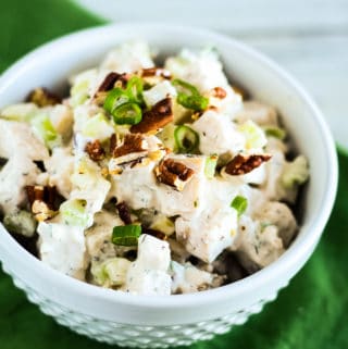 bowl of keto chicken salad with pecans