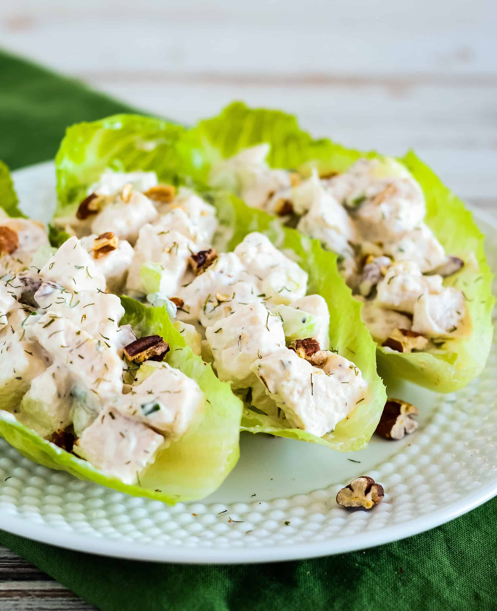 plate of lettuce leaves with keto chicken salad
