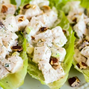 creamy low carb chicken salad in lettuce leaves