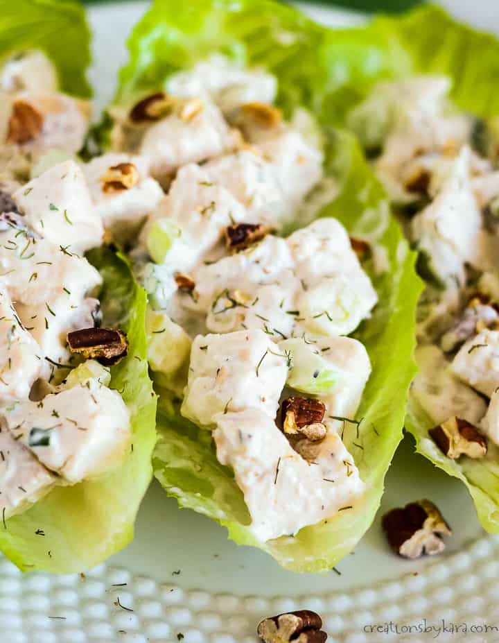 creamy low carb chicken salad in lettuce leaves