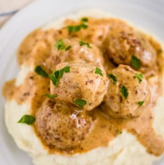 overhead shot of keto swedish meatballs on cauliflower mash