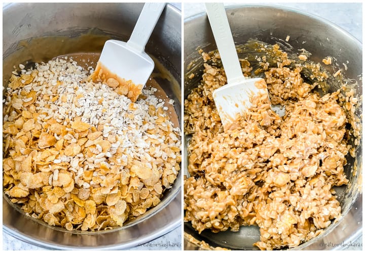 process shot - adding cereal to peanut butter bars