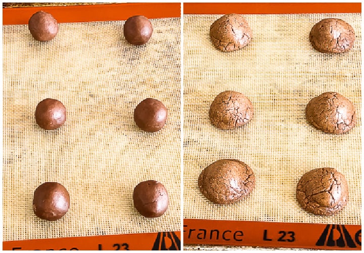 collage of baked and unbaked chocolate cookies on a baking sheet