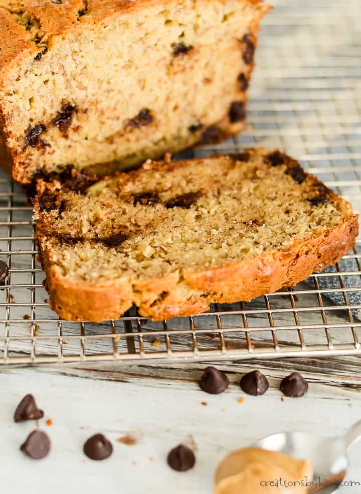 Peanut Butter Banana Bread with Chocolate Chips - Creations by Kara