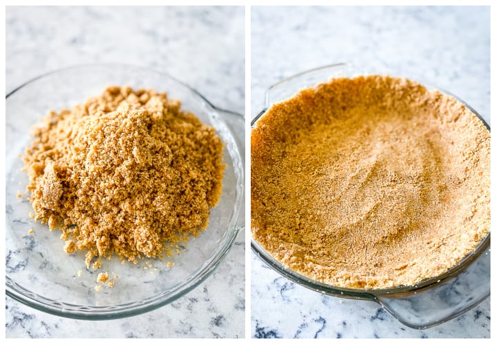 process shot - forming graham cracker crust in a pie pan