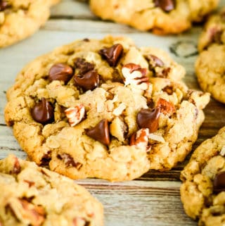 warm cowboy cookies with chocolate chips, coconut, and pecans