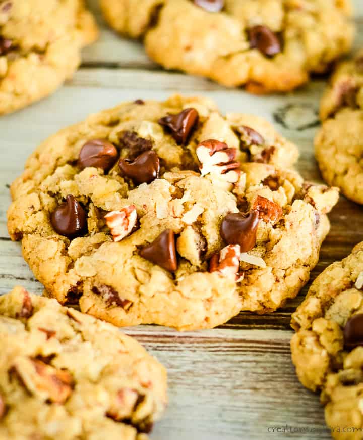 warm cowboy cookies with chocolate chips, coconut, and pecans