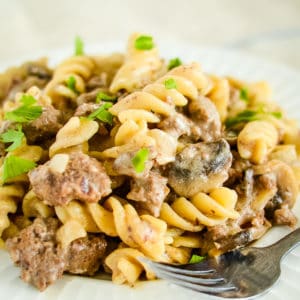 plate of homemade beef stroganoff with a fork